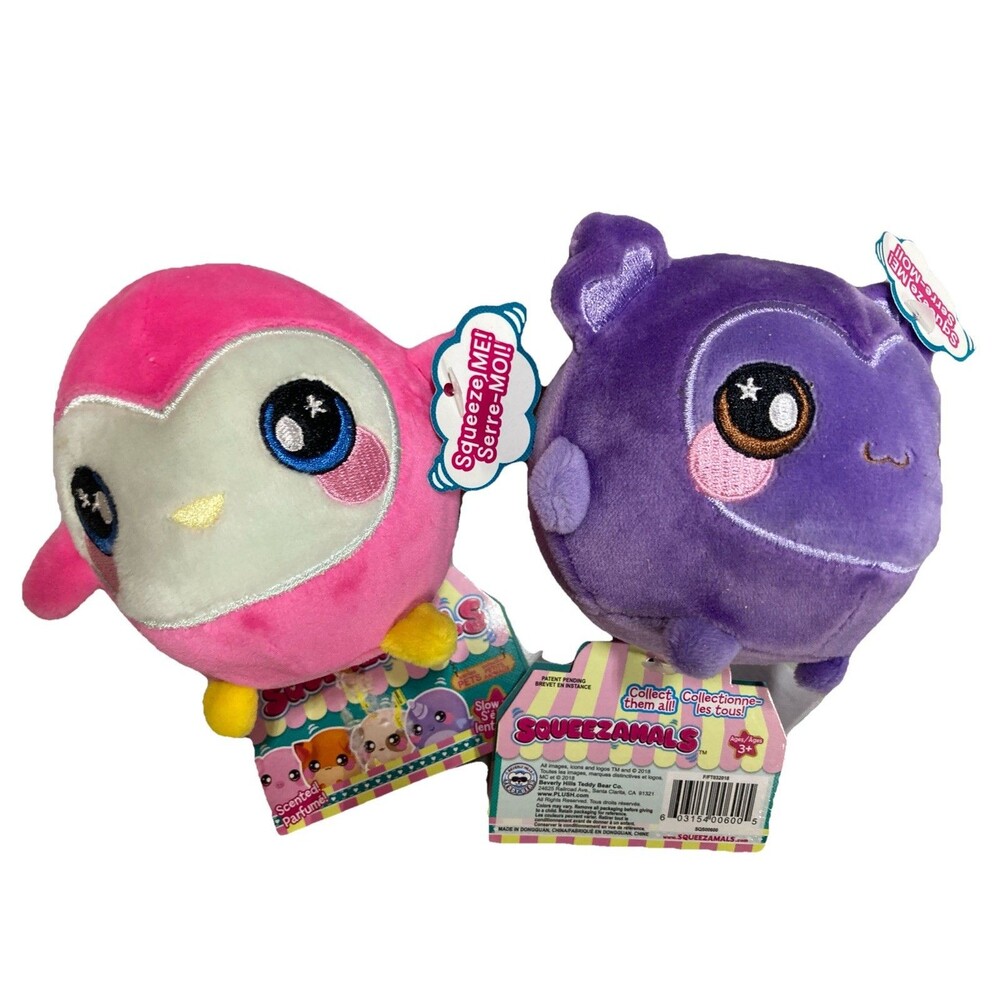NWT SQUEEZAMALS OLLIE THE OWL & MIKA PURPLE MONKEY - Lot of 2